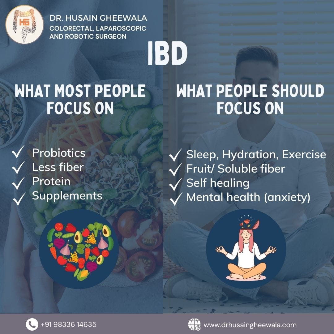 IBD focus tips: Left shows probiotics, less fiber, protein; Right suggests sleep, exercise, fiber, healing, mental health.