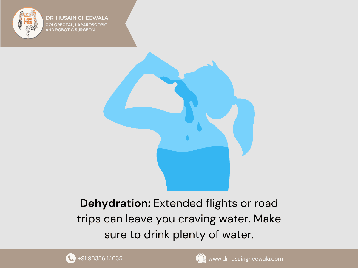 Illustration of person drinking water, highlighting dehydration risks on trips. Reminder to stay hydrated.