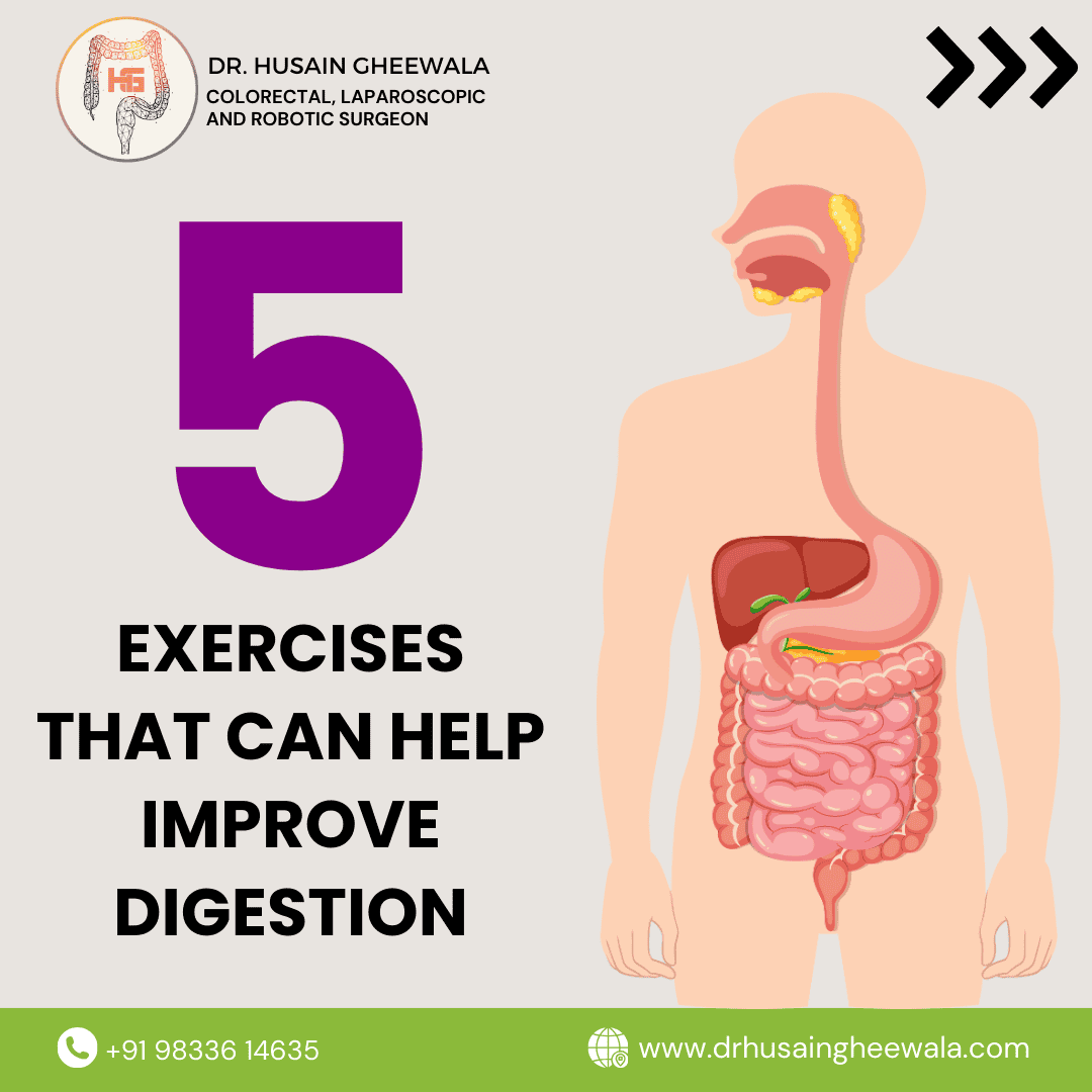 5 exercises to improve digestion with human digestive system illustration.