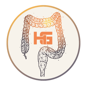 Digital illustration of human intestines with stylized logo in the center, symbolizing health and medical science.