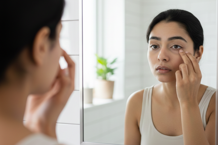 Woman applying skincare cream under eyes in front of mirror, indoor self-care routine.