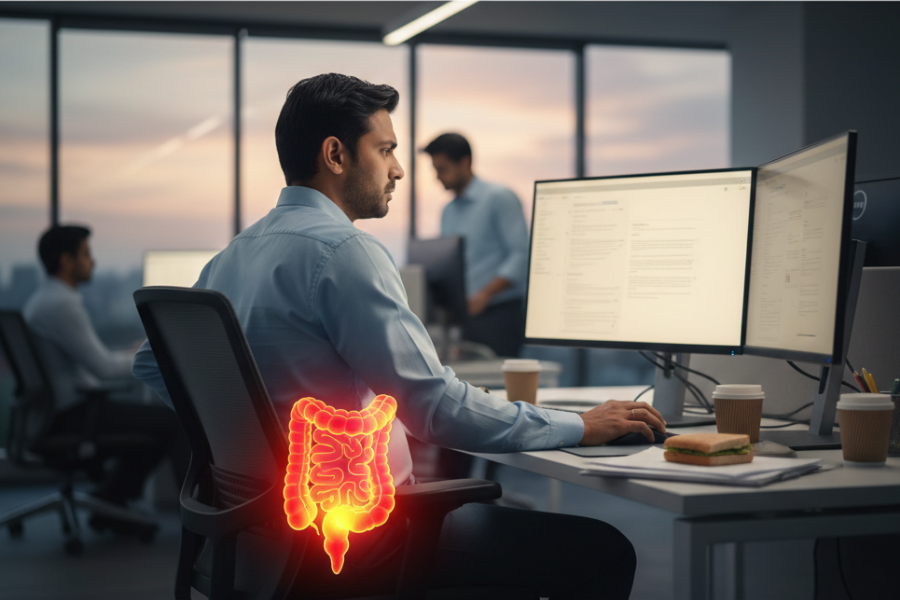 Man working at desk with highlighted intestines, emphasizing digestive health in a modern office setting.