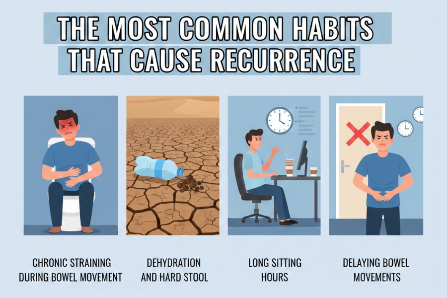 Infographic: Habits causing bowel issues—chronic straining, dehydration, long sitting, delaying movements.