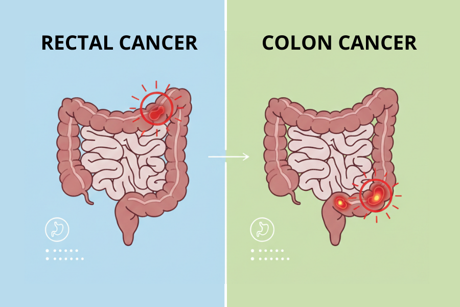 Diagram comparing rectal cancer with colon cancer, highlighting affected areas in red.