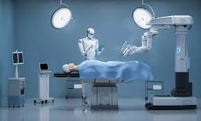Robot and surgical machine operating on patient in futuristic medical room.